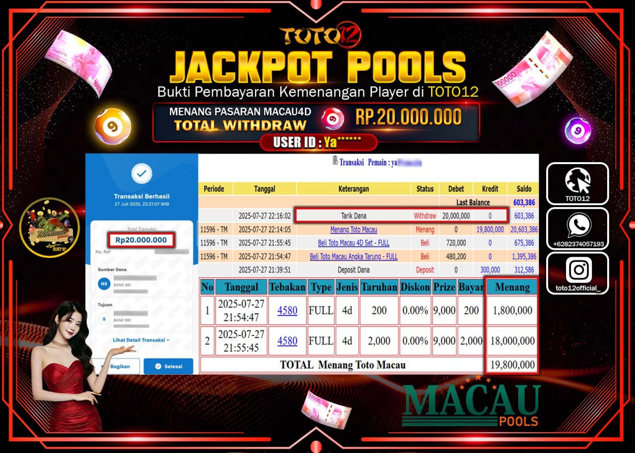 HANYA DI TOTO12 JP PASTI DI BAYAR LUNAS DAN CEPAT!!!!!! JACKPOT POOLS PASARAN (MACAU 4D) Rp.20.000.000 !!!!