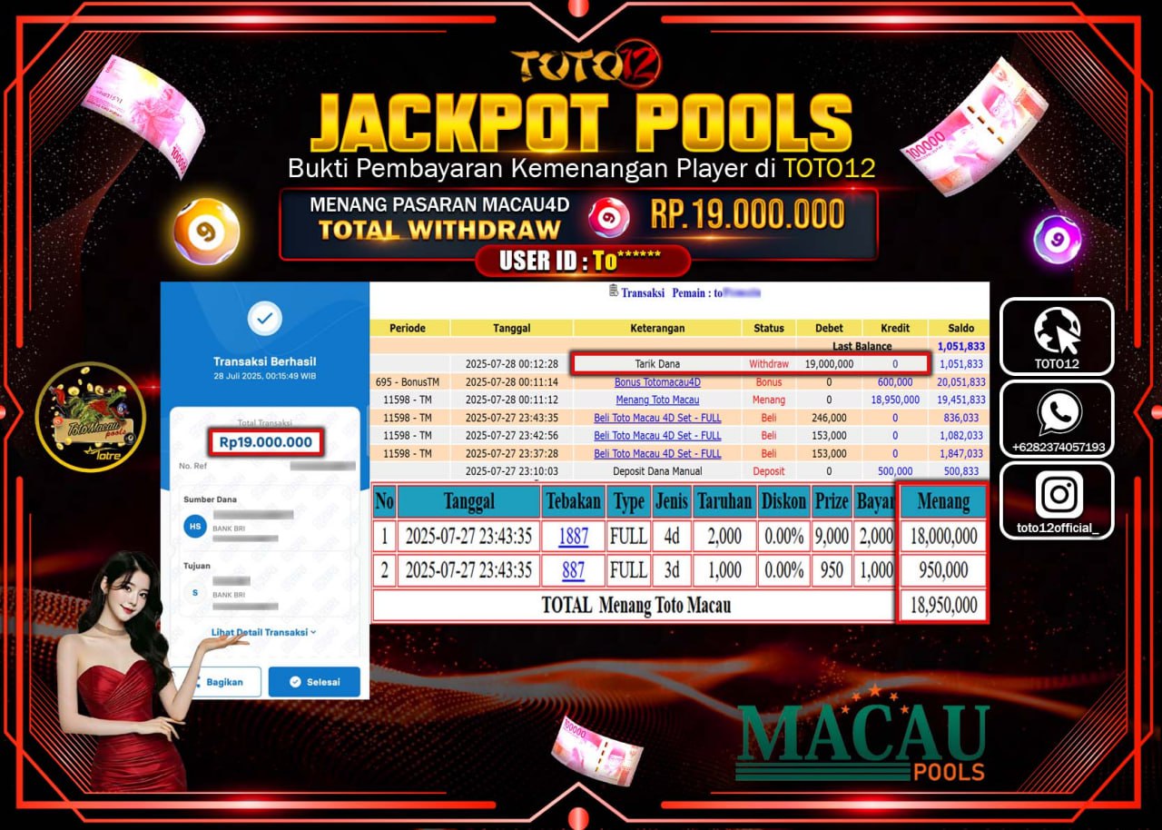 HANYA DI TOTO12 JP PASTI DI BAYAR LUNAS DAN CEPAT!!!!!! JACKPOT POOLS PASARAN (MACAU 4D) Rp.19.000.000 !!!!