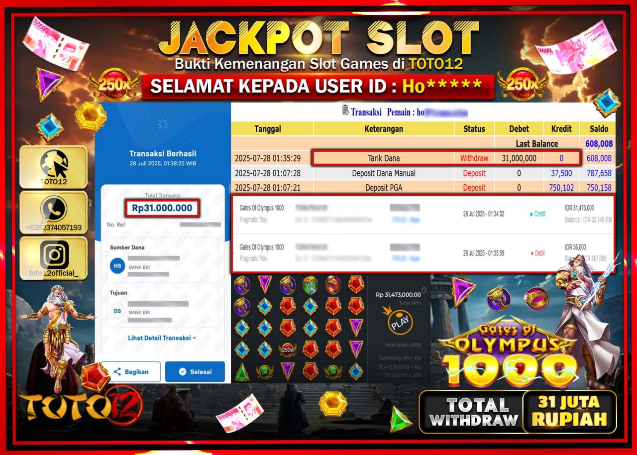HANYA DI TOTO12 JP PASTI DI BAYAR LUNAS DAN CEPAT!!!!!! JACKPOT SLOT GAME (GATES OF OLYMPUS 1000) Rp.31.000.000 !!!!