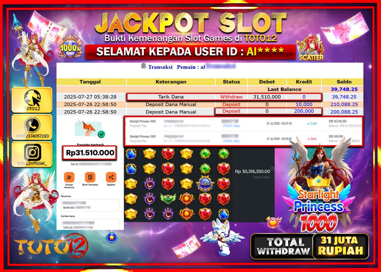 HANYA DI TOTO12 JP PASTI DI BAYAR LUNAS DAN CEPAT!!!!!! JACKPOT SLOT GAME (STARLIGHT PRINCESS 1000) Rp.31.510.000 !!!!