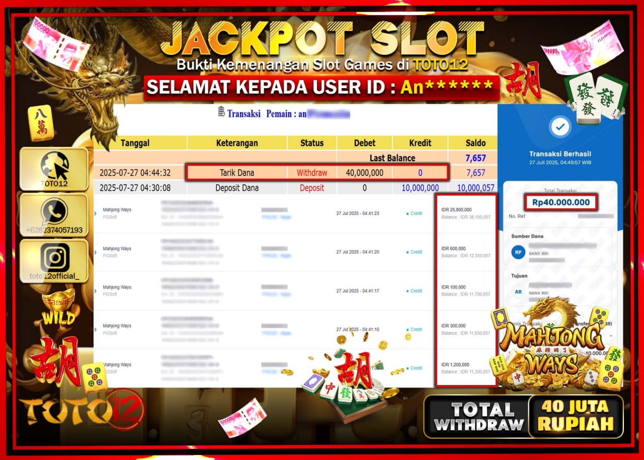 HANYA DI TOTO12 JP PASTI DI BAYAR LUNAS DAN CEPAT!!!!!! JACKPOT SLOT GAME (MAHJONG WAYS) Rp.40.000.000 !!!!