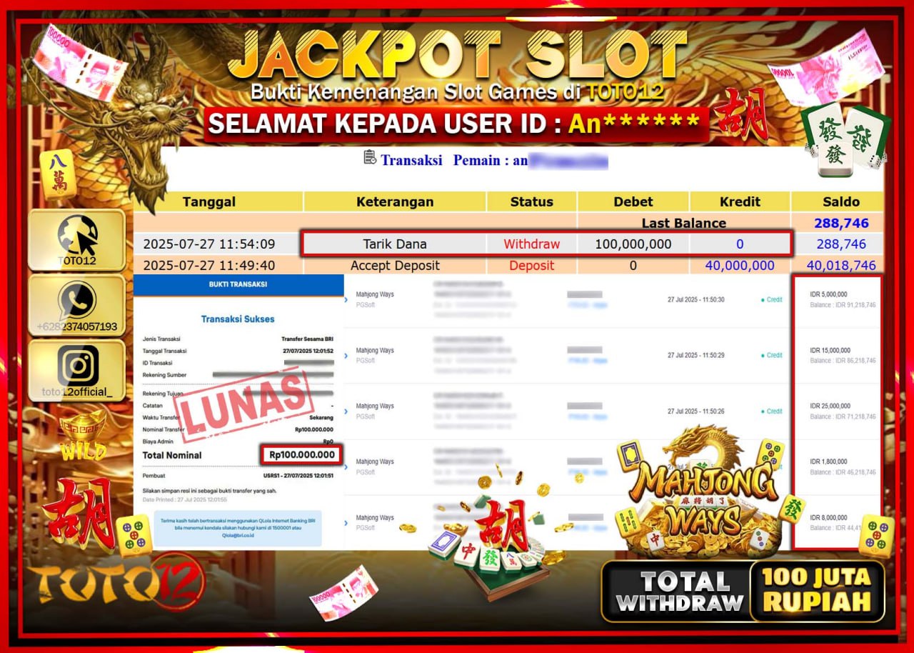HANYA DI TOTO12 JP PASTI DI BAYAR LUNAS DAN CEPAT!!!!!! JACKPOT SLOT GAME (MAHJONG WAYS) Rp.100.000.000 !!!!