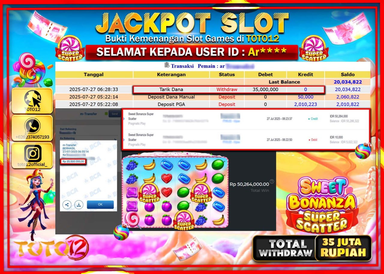 HANYA DI TOTO12 JP PASTI DI BAYAR LUNAS DAN CEPAT!!!!!! JACKPOT SLOT GAME (SWEET BONANZA SUPER SCATTER) Rp.35.000.000 !!!!