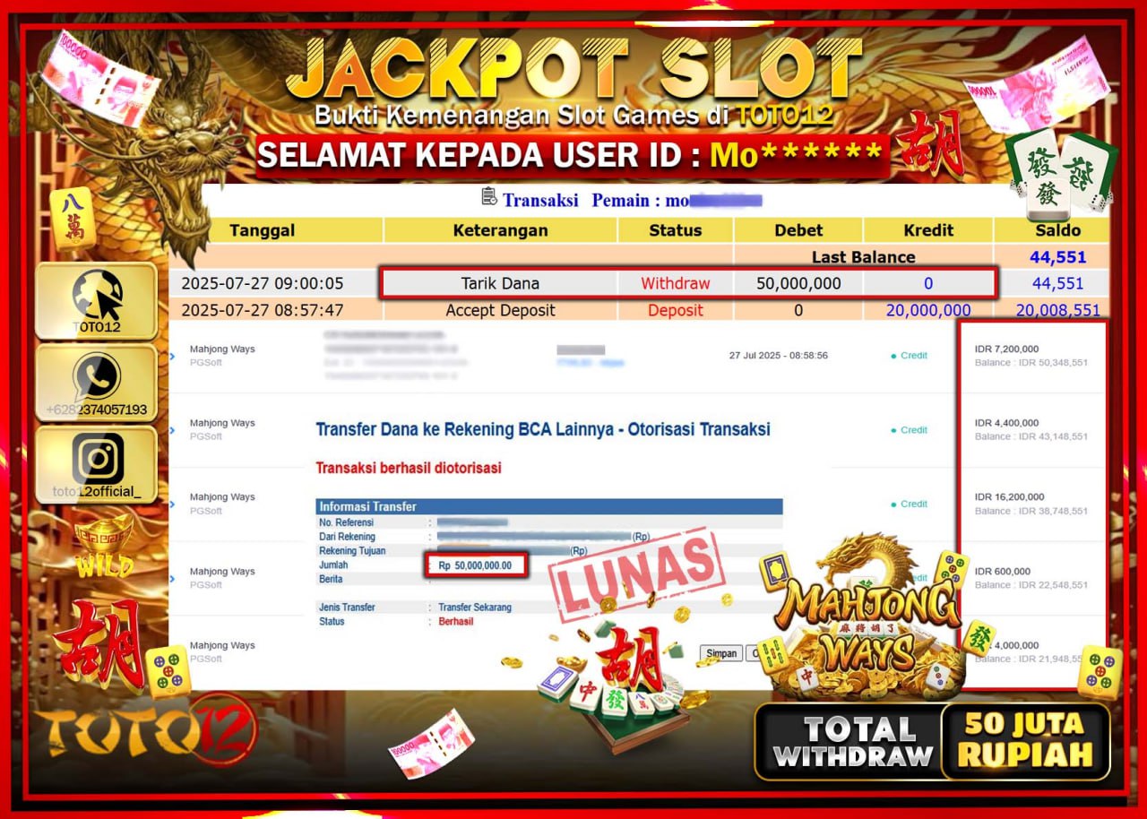 HANYA DI TOTO12 JP PASTI DI BAYAR LUNAS DAN CEPAT!!!!!! JACKPOT SLOT GAME (MAHJONG WAYS) Rp.50.000.000 !!!!