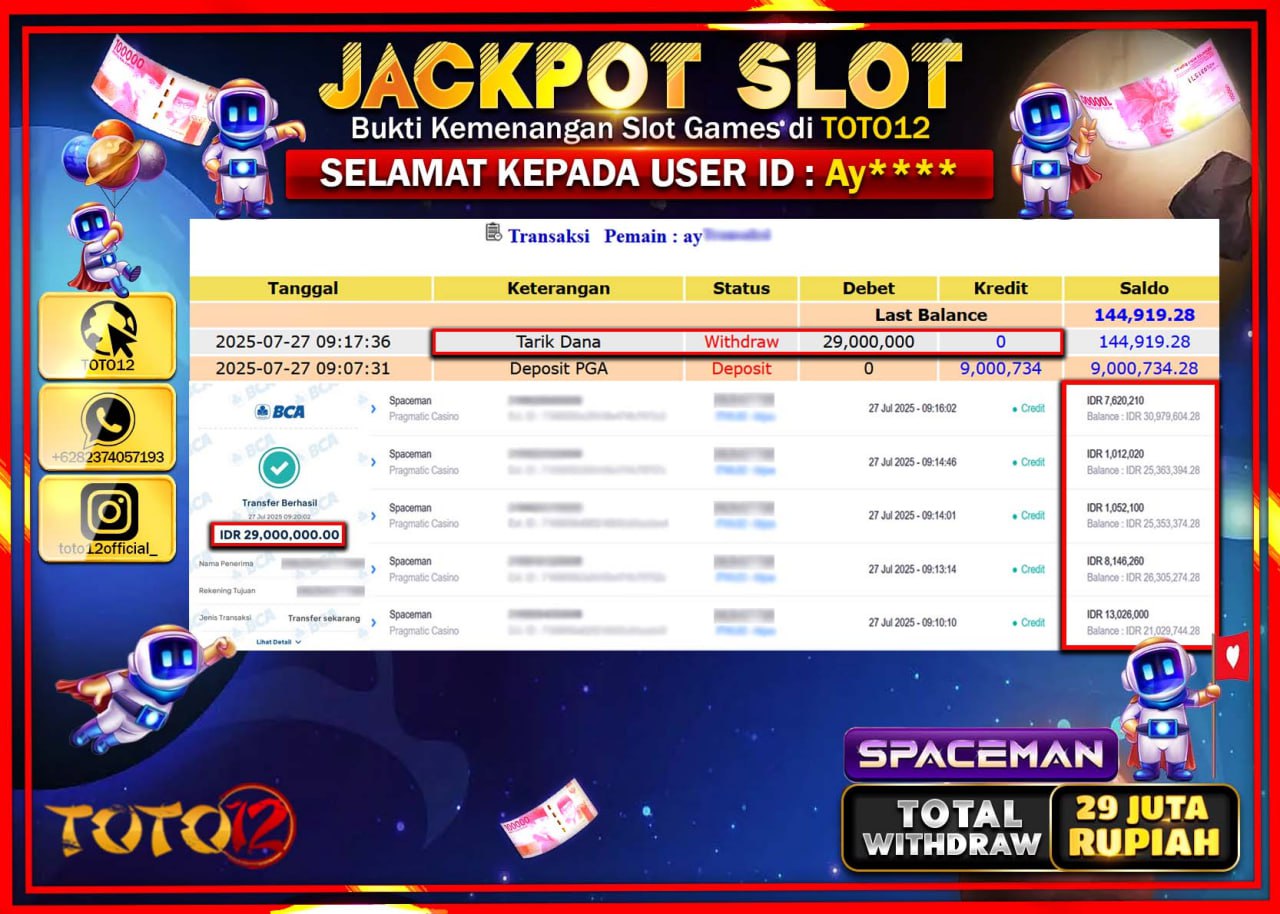 HANYA DI TOTO12 JP PASTI DI BAYAR LUNAS DAN CEPAT!!!!!! JACKPOT SLOT GAME (SPACEMAN) Rp.29.000.000 !!!!