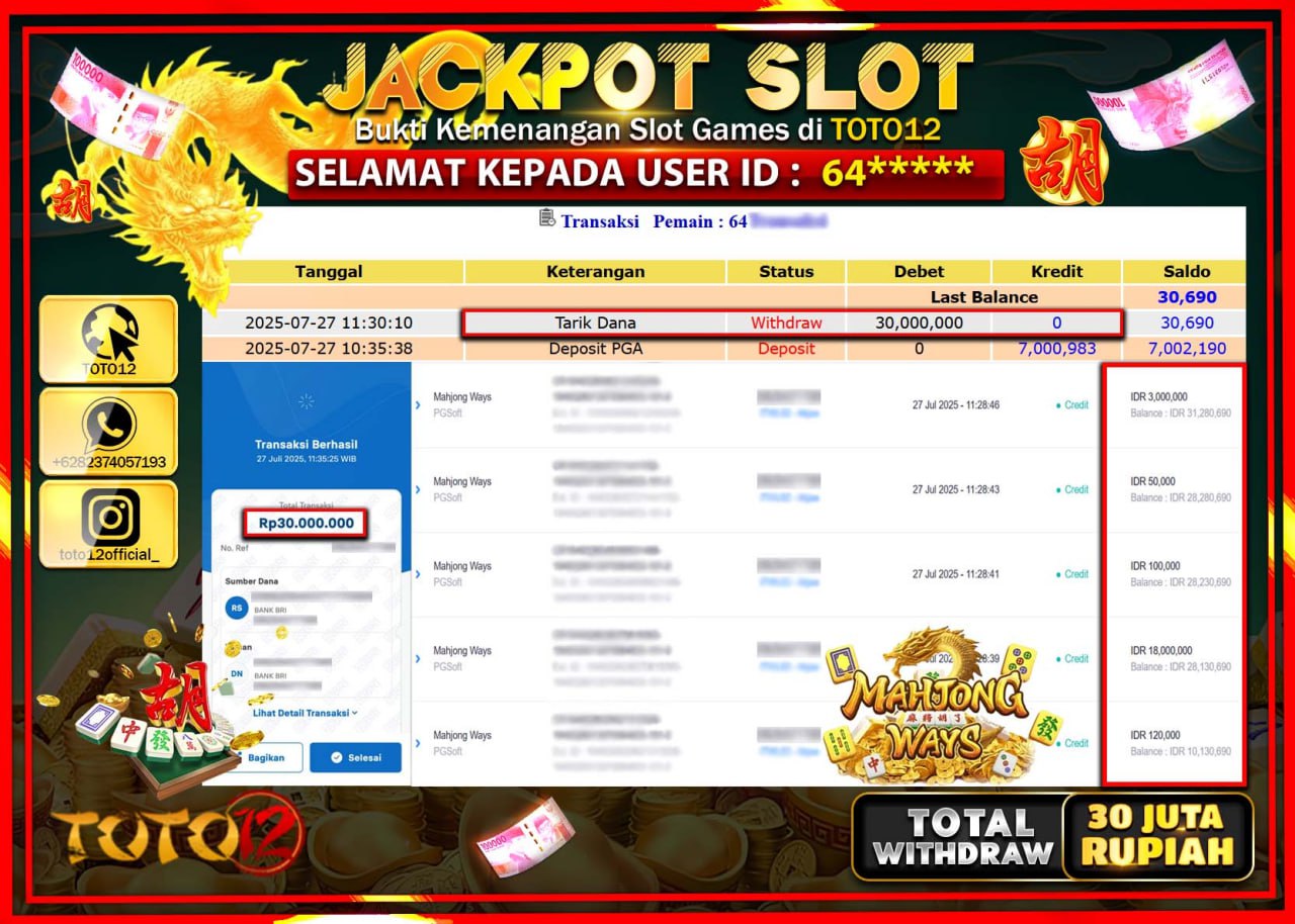 HANYA DI TOTO12 JP PASTI DI BAYAR LUNAS DAN CEPAT!!!!!! JACKPOT SLOT GAME (MAHJONG WAYS) Rp.30.000.000 !!!!