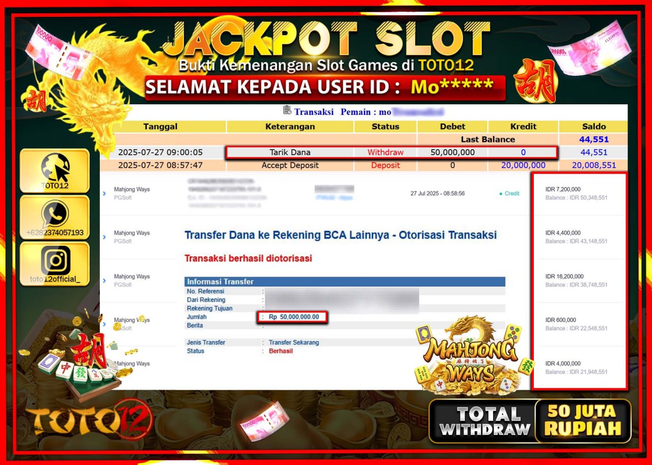 HANYA DI TOTO12 JP PASTI DI BAYAR LUNAS DAN CEPAT!!!!!! JACKPOT SLOT GAME (MAHJONG WAYS) Rp.55.000.000 !!!!