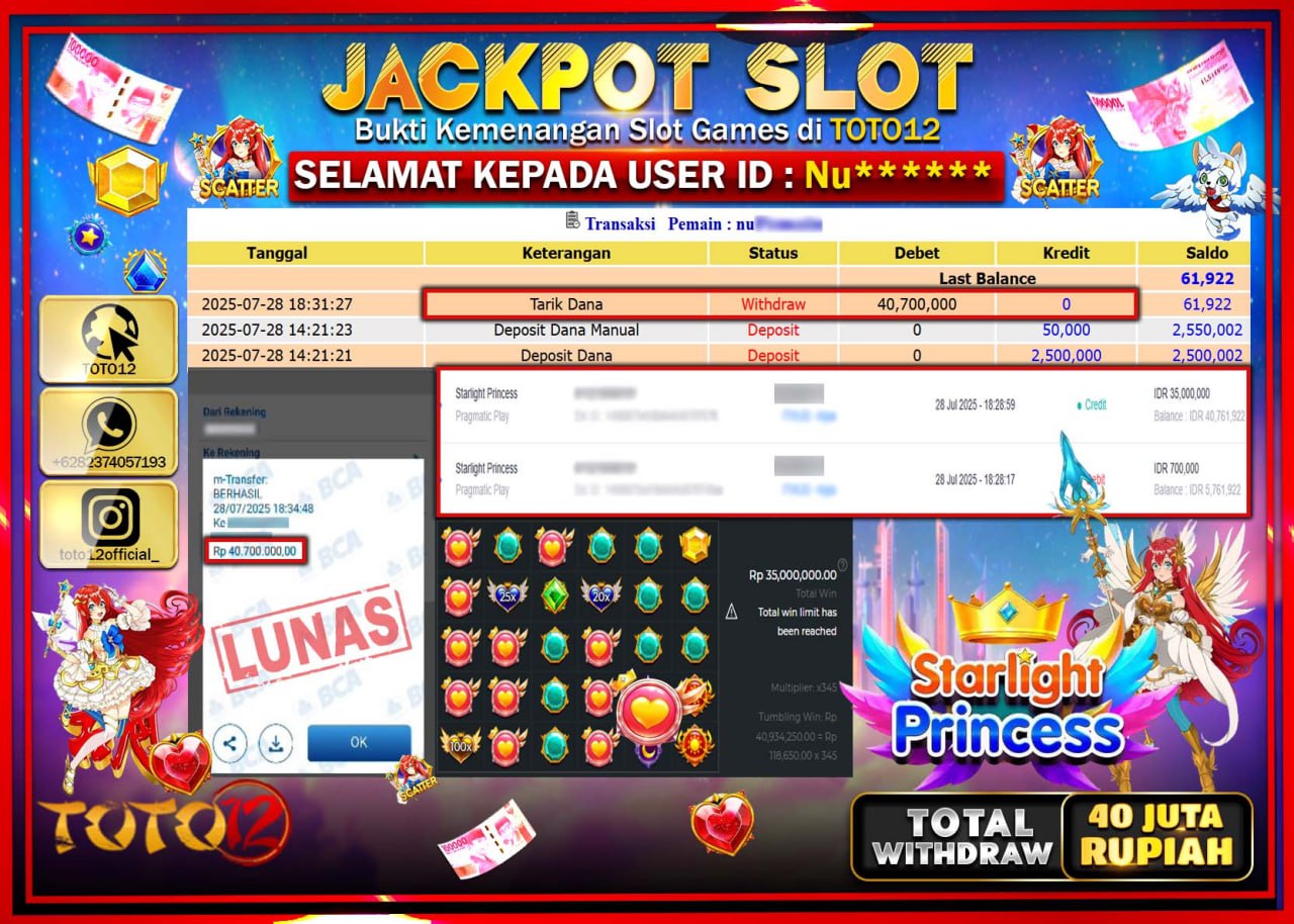 HANYA DI TOTO12 JP PASTI DI BAYAR LUNAS DAN CEPAT!!!!!! JACKPOT SLOT GAME (STARLIGHT PRINCESS) Rp.40.700.000 !!!!