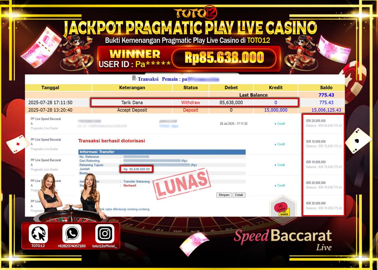 HANYA DI TOTO12 JP PASTI DI BAYAR LUNAS DAN CEPAT!!!!!! JACKPOT PRAGMATIC PLAY LIVE CASINO (SPEED BACCARAT) Rp.85.638.000 !!!!