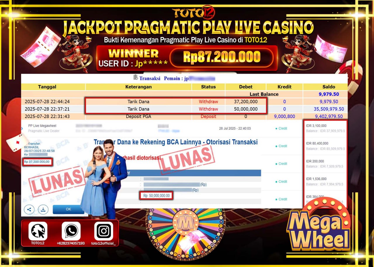 HANYA DI TOTO12 JP PASTI DI BAYAR LUNAS DAN CEPAT!!!!!! JACKPOT PRAGMATIC PLAY LIVE CASINO (MEGA WHEEL) Rp.87.200.000 !!!!
