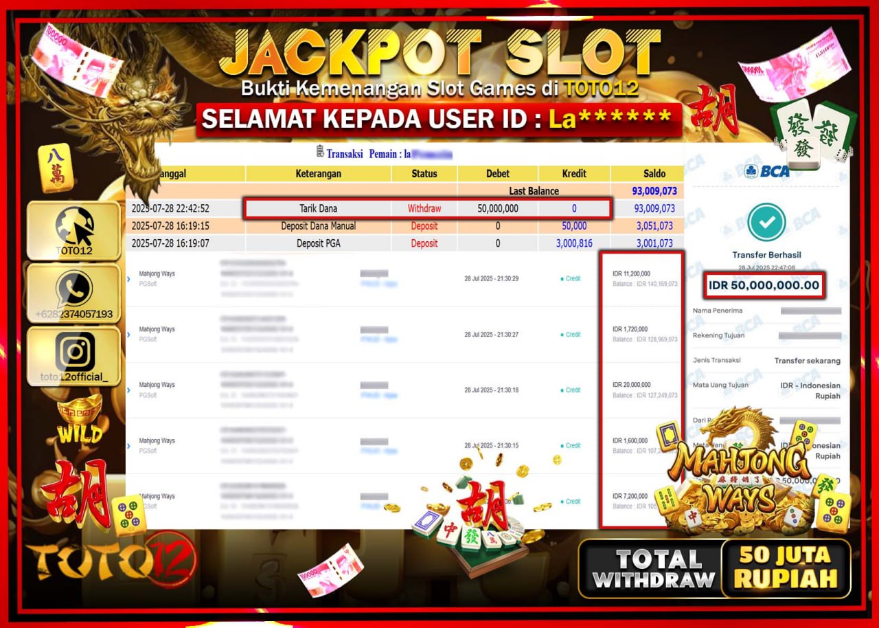 HANYA DI TOTO12 JP PASTI DI BAYAR LUNAS DAN CEPAT!!!!!! JACKPOT SLOT GAME (MAHJONG WAYS) Rp.50.000.000 !!!!