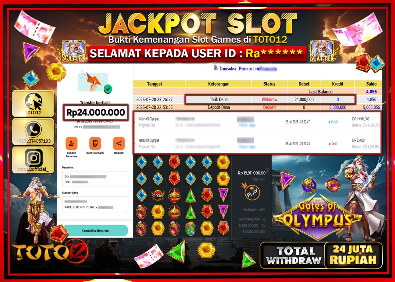 HANYA DI TOTO12 JP PASTI DI BAYAR LUNAS DAN CEPAT!!!!!! JACKPOT SLOT GAME (GATES OF OLYMPUS) Rp.24.000.000 !!!!