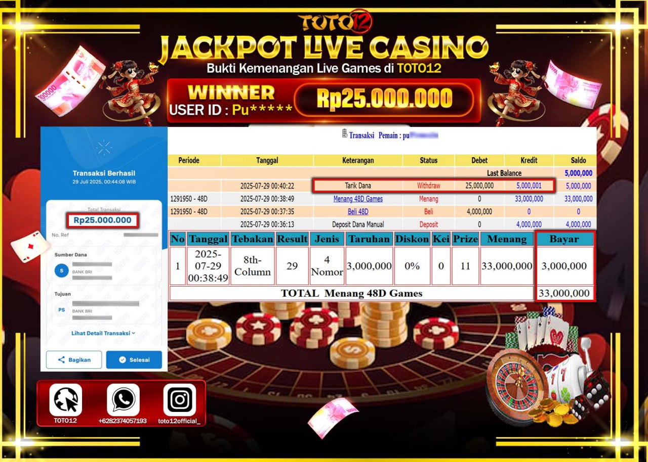HANYA DI TOTO12 JP PASTI DI BAYAR LUNAS DAN CEPAT!!!!!! JACKPOT LIVE CASINO (48D GAMES) Rp.25.000.000 !!!!