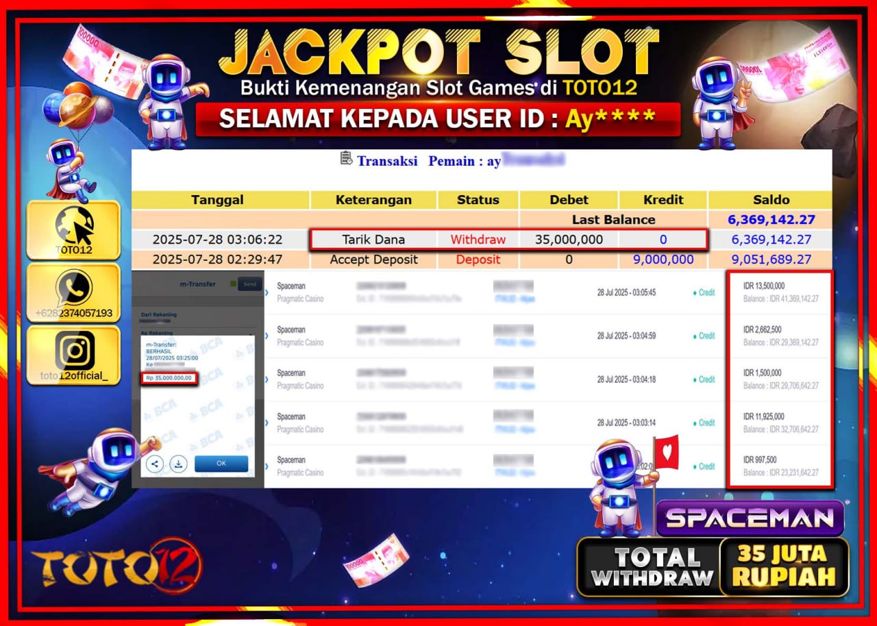 HANYA DI TOTO12 JP PASTI DI BAYAR LUNAS DAN CEPAT!!!!!! JACKPOT SLOT GAME (SPACEMAN) Rp.35.000.000 !!!!