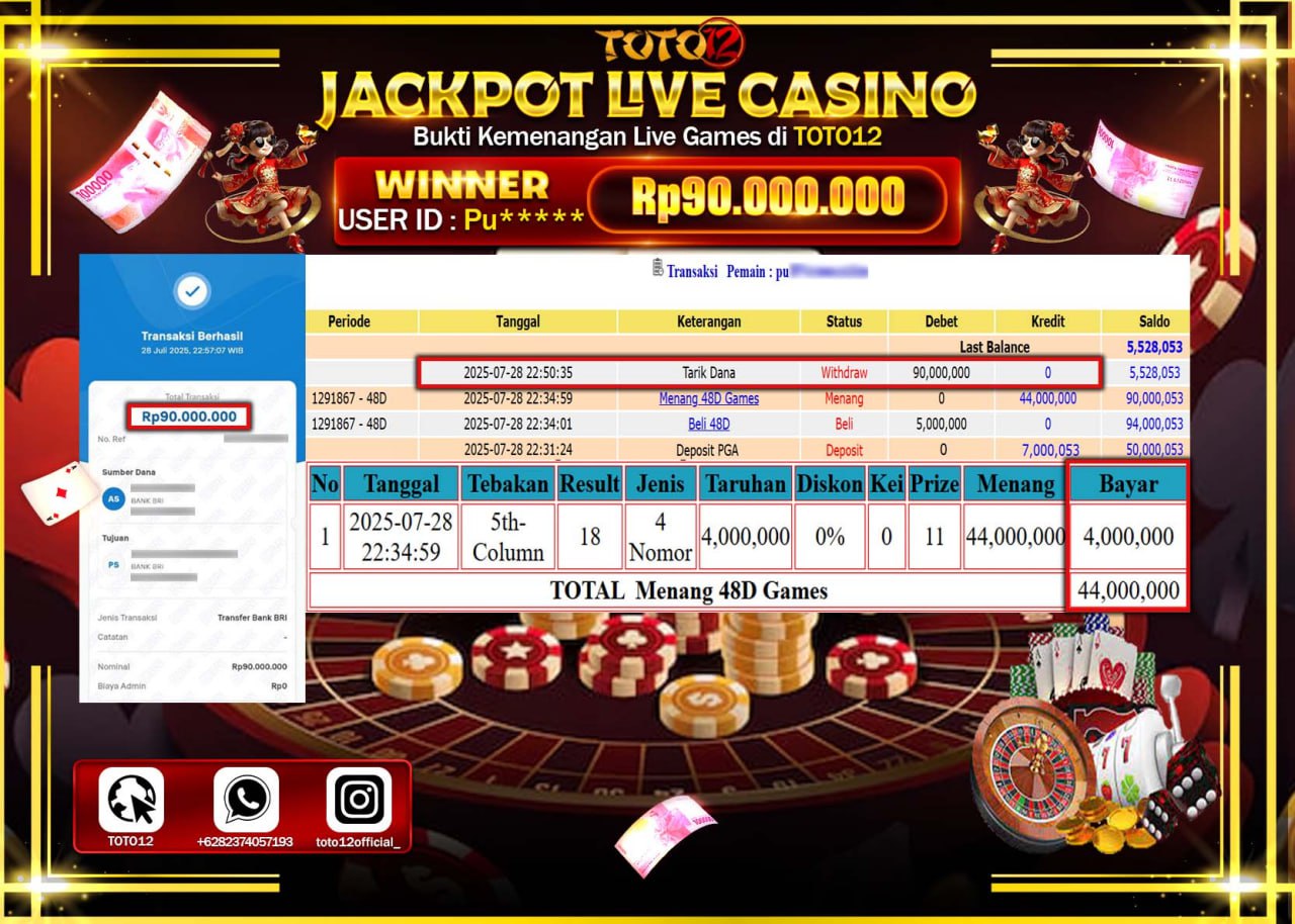 HANYA DI TOTO12 JP PASTI DI BAYAR LUNAS DAN CEPAT!!!!!! JACKPOT LIVE CASINO (48D GAMES) Rp.90.000.000 !!!!
