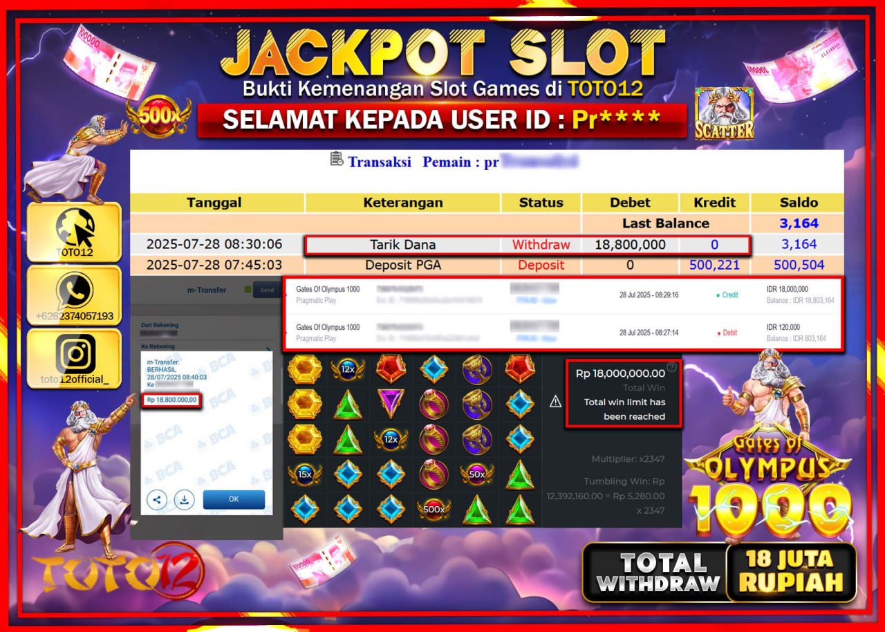 HANYA DI TOTO12 JP PASTI DI BAYAR LUNAS DAN CEPAT!!!!!! JACKPOT SLOT GAME (GATES OF OLYMPUS 1000) Rp.18.800.000 !!!!