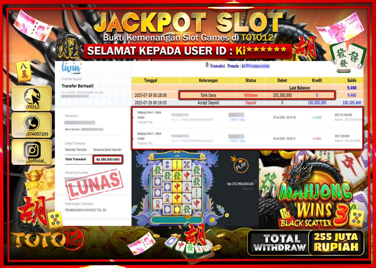 HANYA DI TOTO12 JP PASTI DI BAYAR LUNAS DAN CEPAT!!!!!! JACKPOT SLOT GAME (MAHJONG WINS 3 BLACK SCATTER) Rp.255.300.000 !!!!