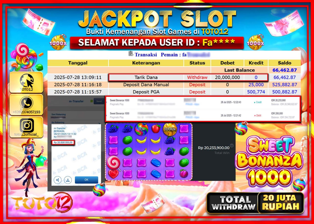 HANYA DI TOTO12 JP PASTI DI BAYAR LUNAS DAN CEPAT!!!!!! JACKPOT SLOT GAME (SWEET BONANZA 1000) Rp.20.000.000 !!!!