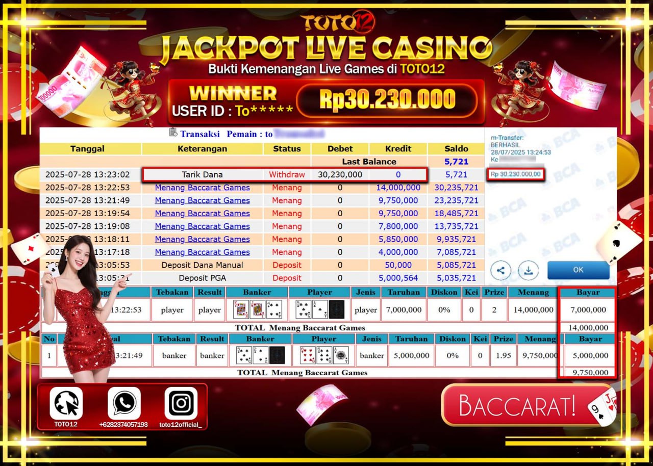 HANYA DI TOTO12 JP PASTI DI BAYAR LUNAS DAN CEPAT!!!!!! JACKPOT LIVE CASINO (BACCARAT) Rp.30.230.000 !!!!