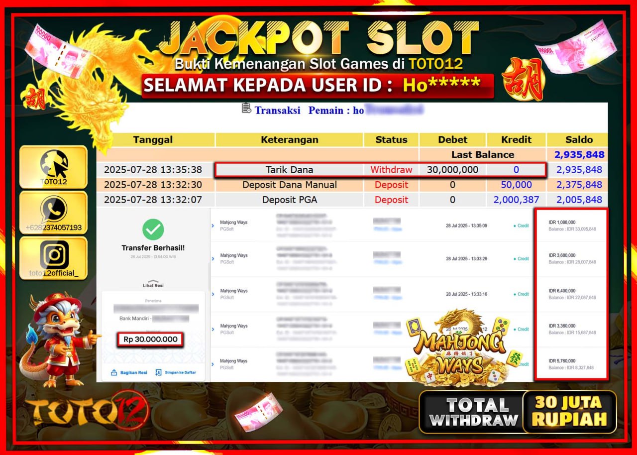 HANYA DI TOTO12 JP PASTI DI BAYAR LUNAS DAN CEPAT!!!!!! JACKPOT SLOT GAME (MAHJONG WAYS) Rp.30.000.000 !!!!