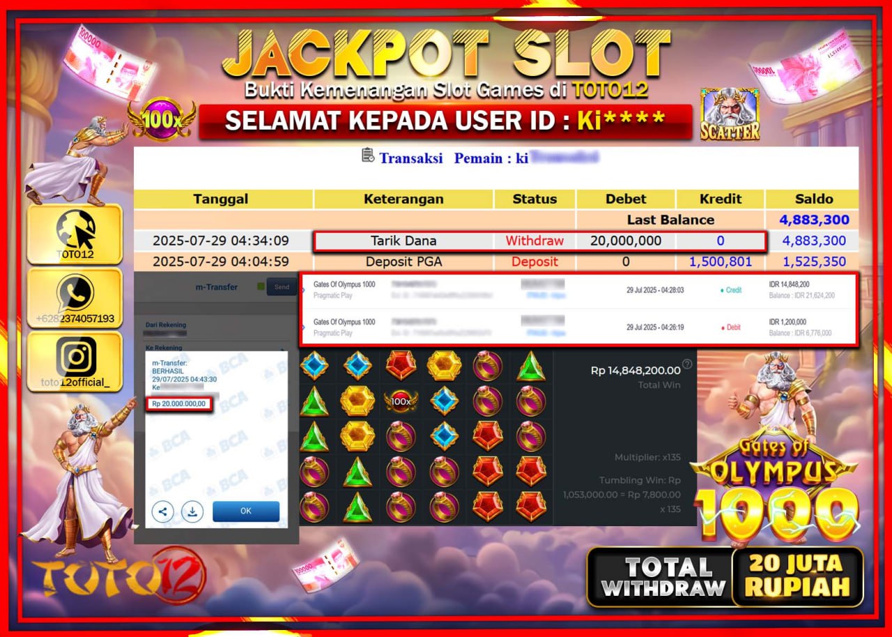 HANYA DI TOTO12 JP PASTI DI BAYAR LUNAS DAN CEPAT!!!!!! JACKPOT SLOT GAME (GATES OF OLYMPUS 1000) Rp.20.000.000 !!!!