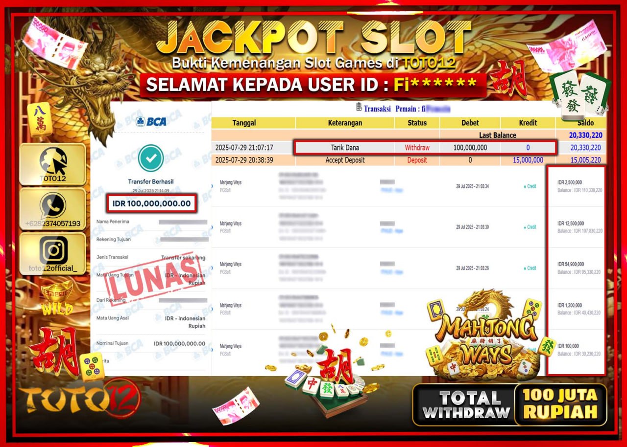 HANYA DI TOTO12 JP PASTI DI BAYAR LUNAS DAN CEPAT!!!!!! JACKPOT SLOT GAME (MAHJONG WAYS) Rp.100.000.000 !!!!