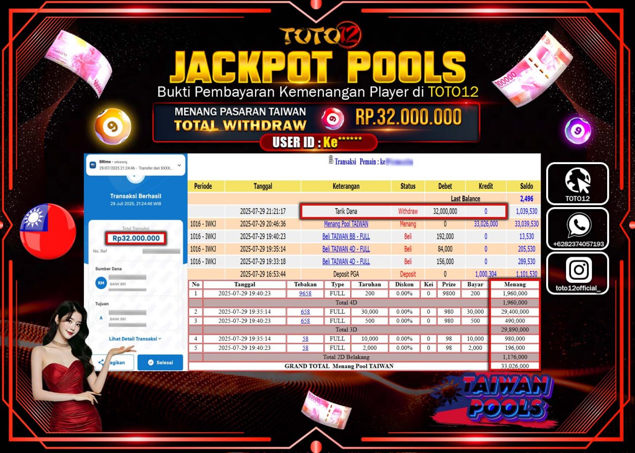 HANYA DI TOTO12 JP PASTI DI BAYAR LUNAS DAN CEPAT!!!!!! JACKPOT POOLS PASARAN (TAIWAN) Rp.32.000.000 !!!!