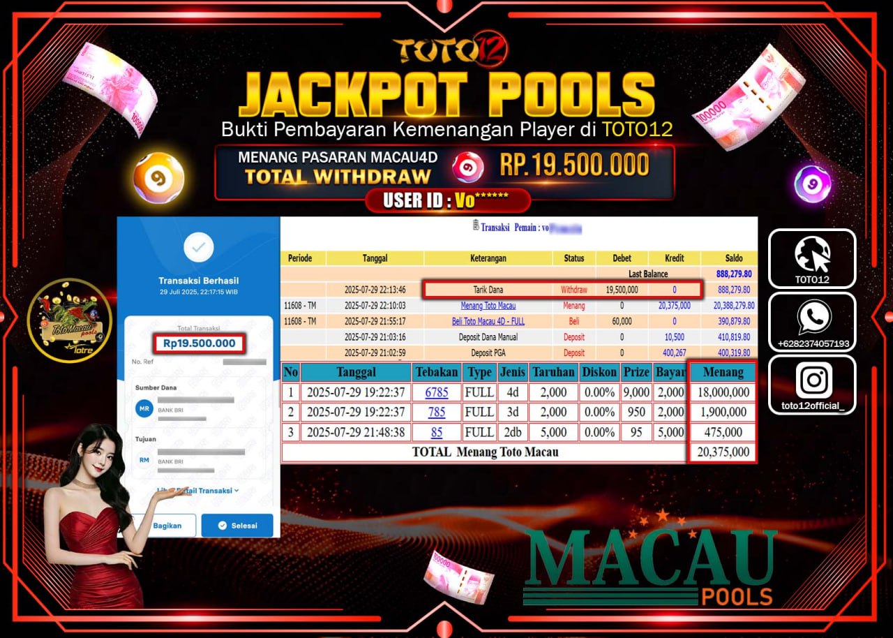 HANYA DI TOTO12 JP PASTI DI BAYAR LUNAS DAN CEPAT!!!!!! JACKPOT POOLS PASARAN (MACAU 4D) Rp.19.500.000 !!!!