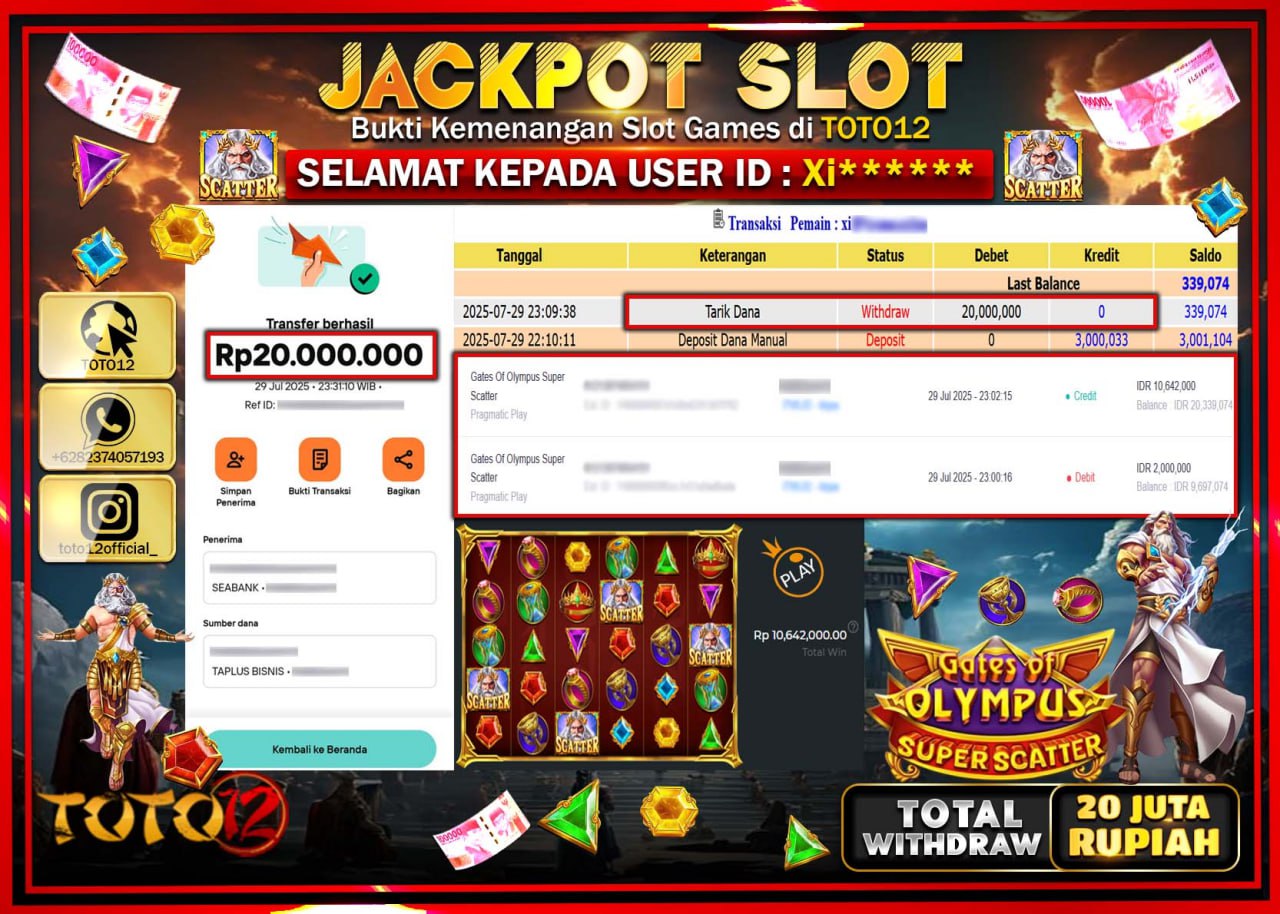 HANYA DI TOTO12 JP PASTI DI BAYAR LUNAS DAN CEPAT!!!!!! JACKPOT SLOT GAME (GATES OF OLYMPUS SUPER SCATTER) Rp.20.000.000 !!!!