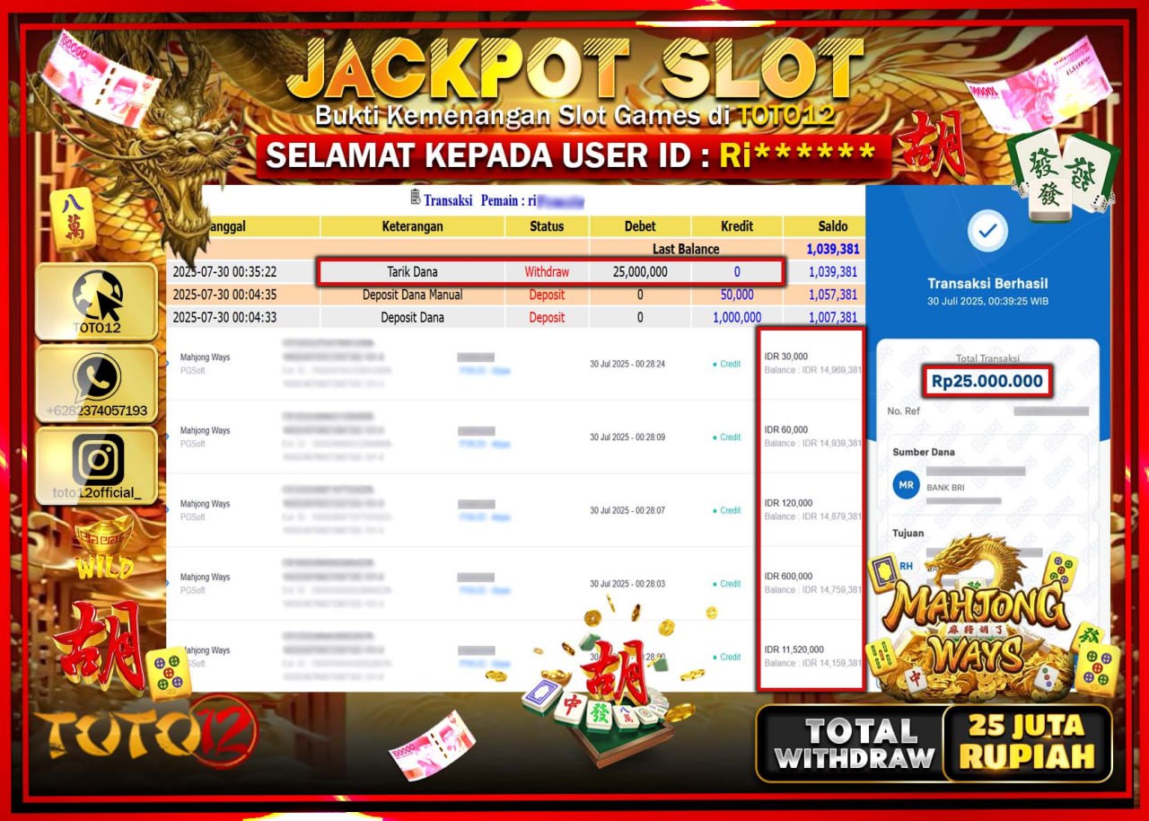 HANYA DI TOTO12 JP PASTI DI BAYAR LUNAS DAN CEPAT!!!!!! JACKPOT SLOT GAME (MAHJONG WAYS) Rp.25.000.000 !!!!