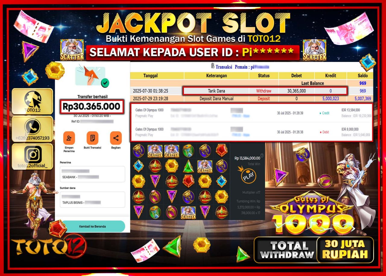 HANYA DI TOTO12 JP PASTI DI BAYAR LUNAS DAN CEPAT!!!!!! JACKPOT SLOT GAME (GATES OF OLYMPUS 1000) Rp.30.365.000 !!!!