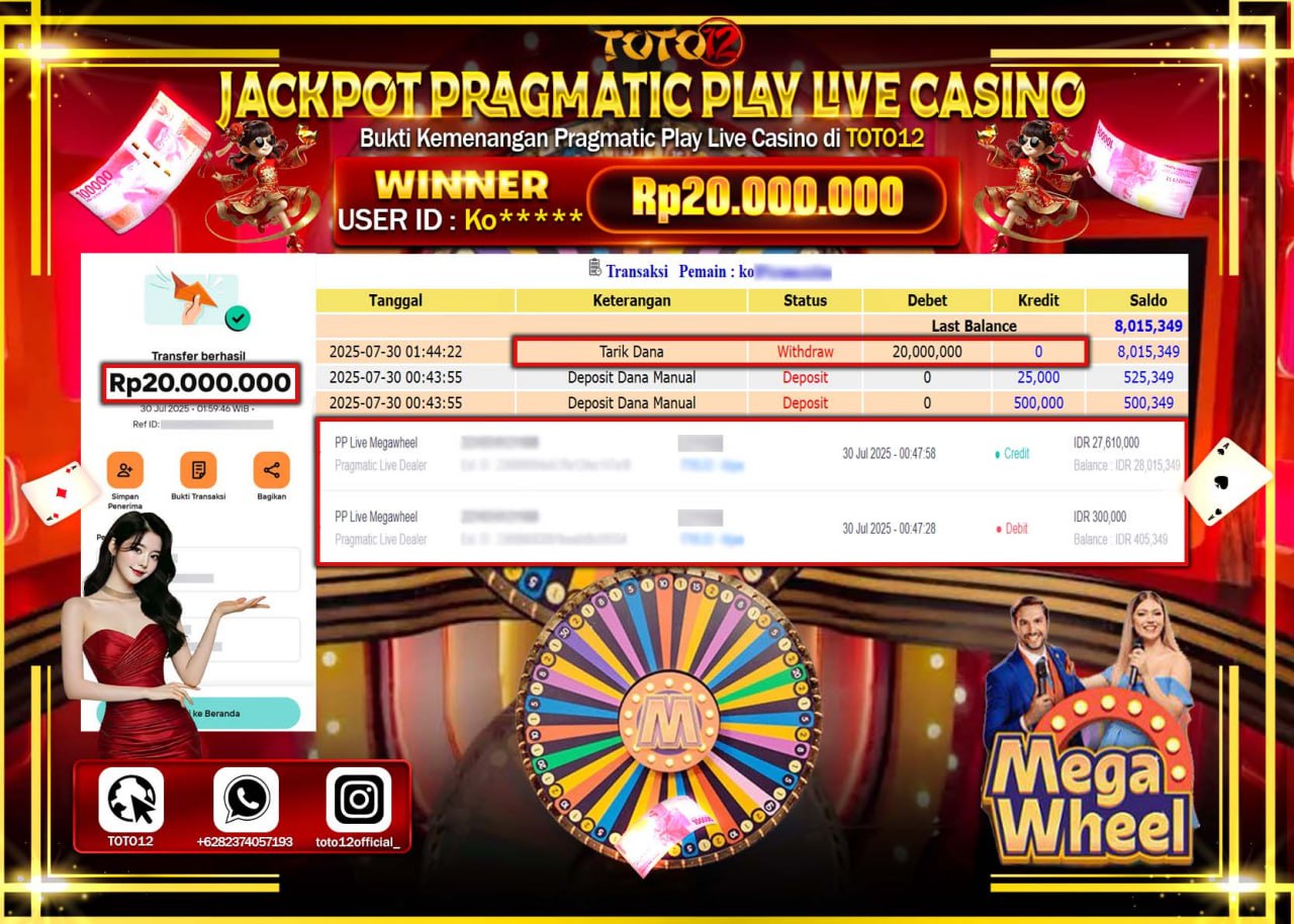 HANYA DI TOTO12 JP PASTI DI BAYAR LUNAS DAN CEPAT!!!!!! JACKPOT PRAGMATIC PLAY LIVE CASINO (MEGA WHEEL) Rp.20.000.000 !!!!