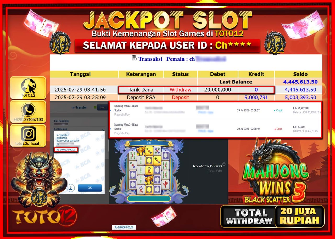 HANYA DI TOTO12 JP PASTI DI BAYAR LUNAS DAN CEPAT!!!!!! JACKPOT SLOT GAME (MAHJONG WINS 3 BLACK SCATTER) Rp.20.000.000 !!!!