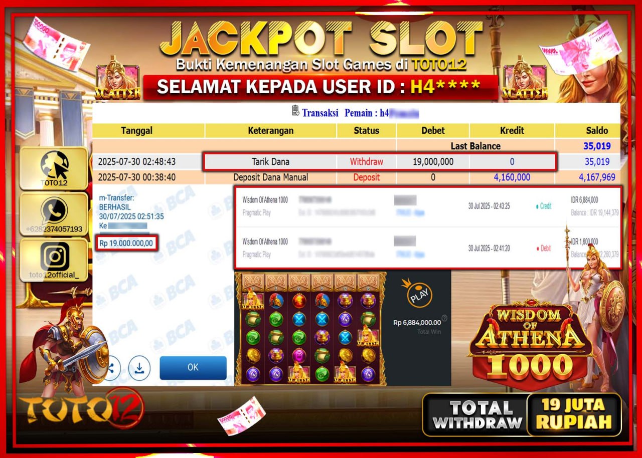 HANYA DI TOTO12 JP PASTI DI BAYAR LUNAS DAN CEPAT!!!!!! JACKPOT SLOT GAME (WISDOM OF ATHENA 1000) Rp.19.000.000 !!!!