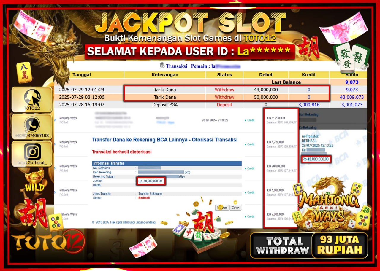HANYA DI TOTO12 JP PASTI DI BAYAR LUNAS DAN CEPAT!!!!!! JACKPOT SLOT GAME (MAHJONG WAYS) Rp.93.000.000 !!!!