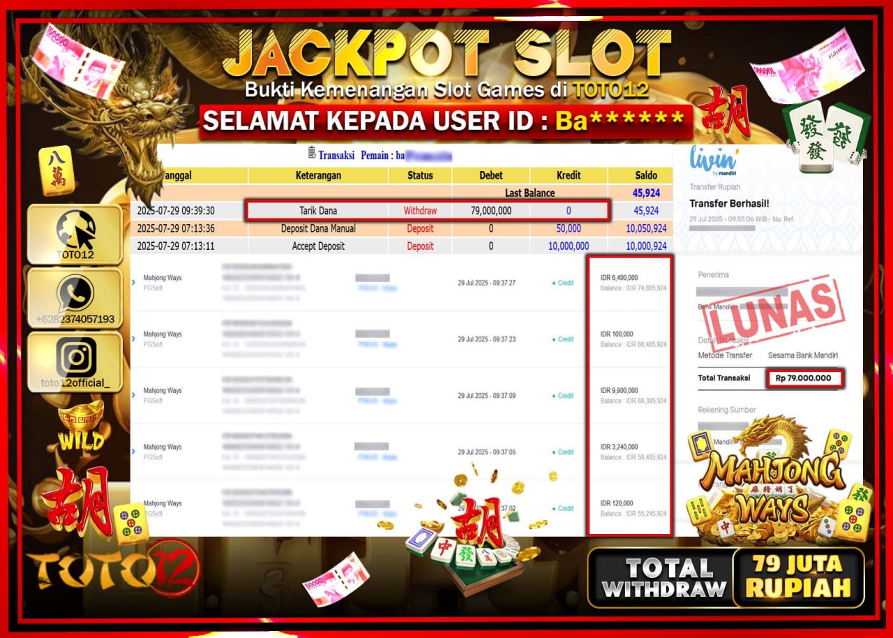 HANYA DI TOTO12 JP PASTI DI BAYAR LUNAS DAN CEPAT!!!!!! JACKPOT SLOT GAME (MAHJONG WAYS) Rp.79.000.000 !!!!