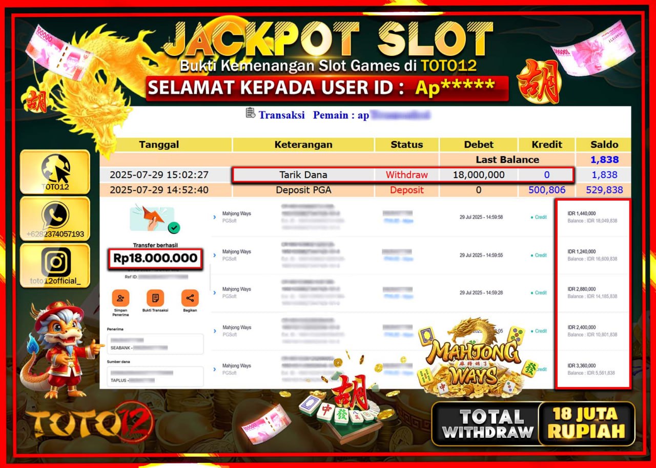 HANYA DI TOTO12 JP PASTI DI BAYAR LUNAS DAN CEPAT!!!!!! JACKPOT SLOT GAME (MAHJONG WAYS) Rp.18.000.000 !!!!
