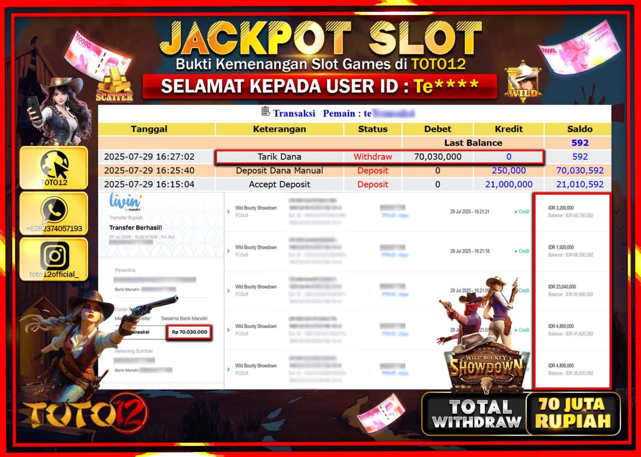 HANYA DI TOTO12 JP PASTI DI BAYAR LUNAS DAN CEPAT!!!!!! JACKPOT SLOT GAME (WILD BOUNTY SHOWDOWN) Rp.70.030.000 !!!!