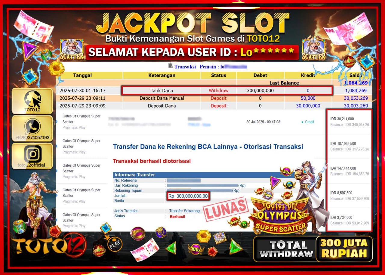 HANYA DI TOTO12 JP PASTI DI BAYAR LUNAS DAN CEPAT!!!!!! JACKPOT SLOT GAME (GATES OF OLYMPUS SUPER SCATTER) Rp.300.000.000 !!!!