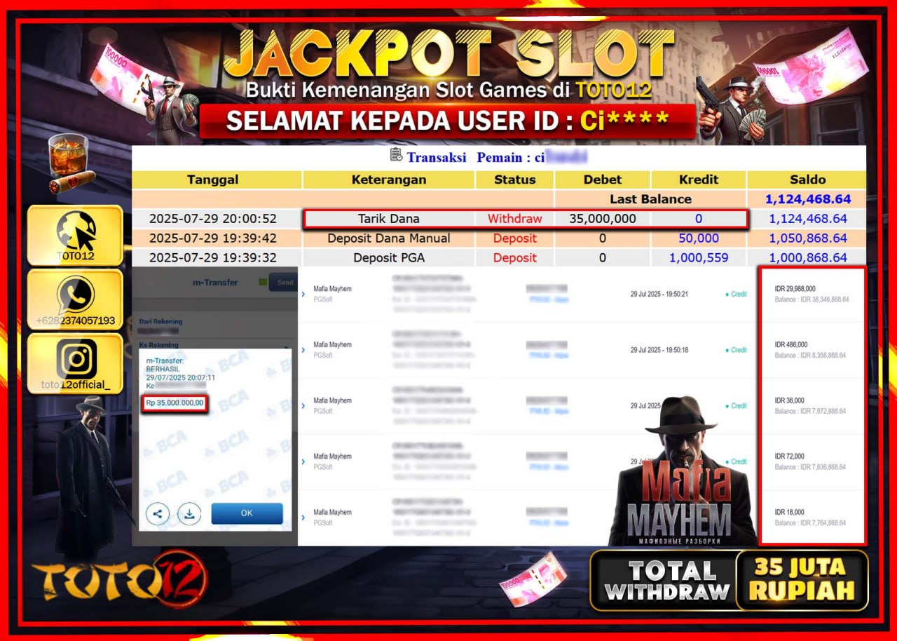 HANYA DI TOTO12 JP PASTI DI BAYAR LUNAS DAN CEPAT!!!!!! JACKPOT SLOT GAME (MAFIA MAYHEM) Rp.35.000.000 !!!!