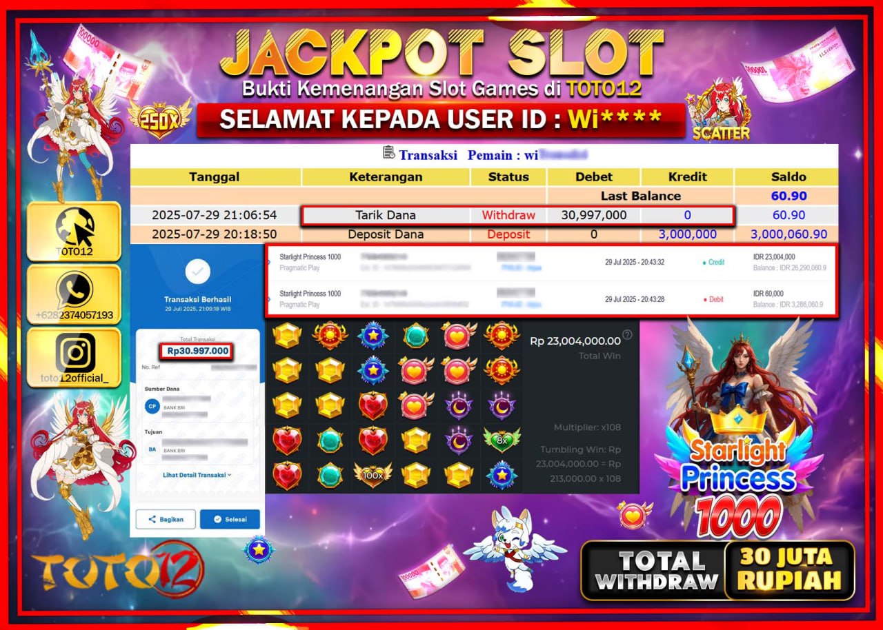 HANYA DI TOTO12 JP PASTI DI BAYAR LUNAS DAN CEPAT!!!!!! JACKPOT SLOT GAME (STARLIGHT PRINCESS 1000) Rp.30.997.000 !!!!