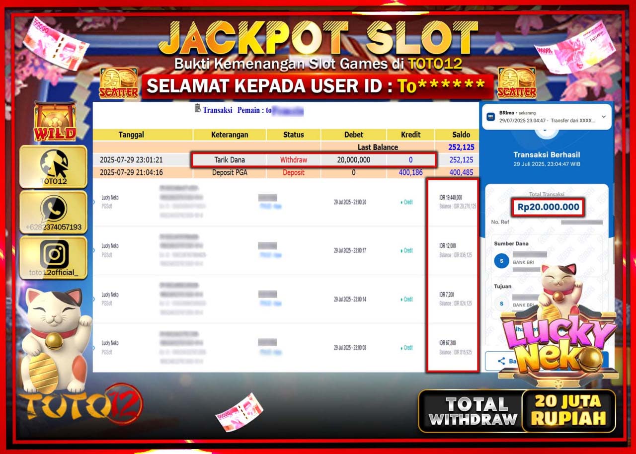 HANYA DI TOTO12 JP PASTI DI BAYAR LUNAS DAN CEPAT!!!!!! JACKPOT SLOT GAME (LUCKY NEKO) Rp.20.000.000 !!!!