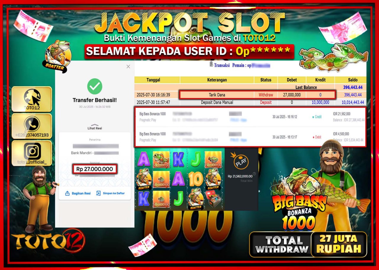 HANYA DI TOTO12 JP PASTI DI BAYAR LUNAS DAN CEPAT!!!!!! JACKPOT SLOT GAME (BIG BASS BONANZA 1000) Rp.27.000.000 !!!!