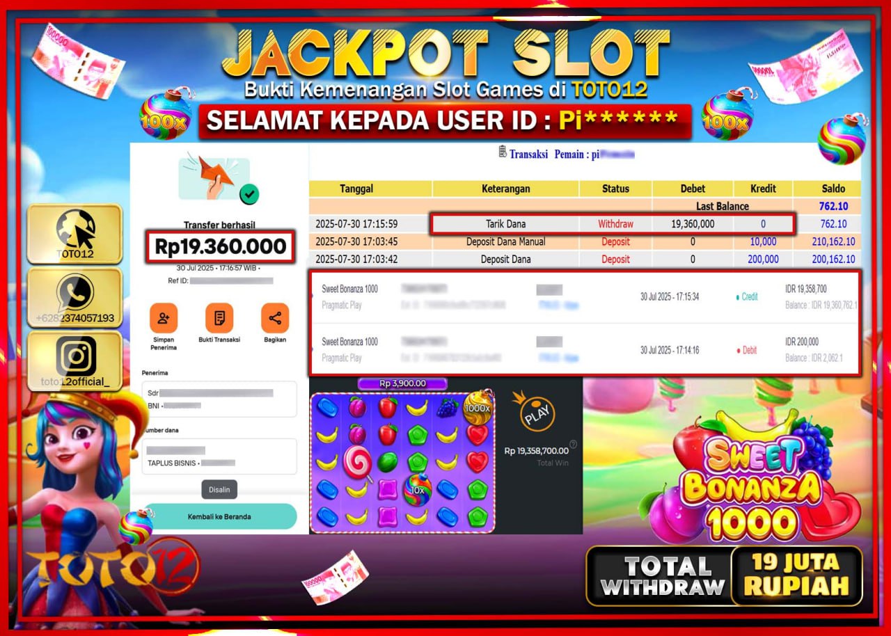 HANYA DI TOTO12 JP PASTI DI BAYAR LUNAS DAN CEPAT!!!!!! JACKPOT SLOT GAME (SWEET BONANZA 1000) Rp.19.360.000 !!!!