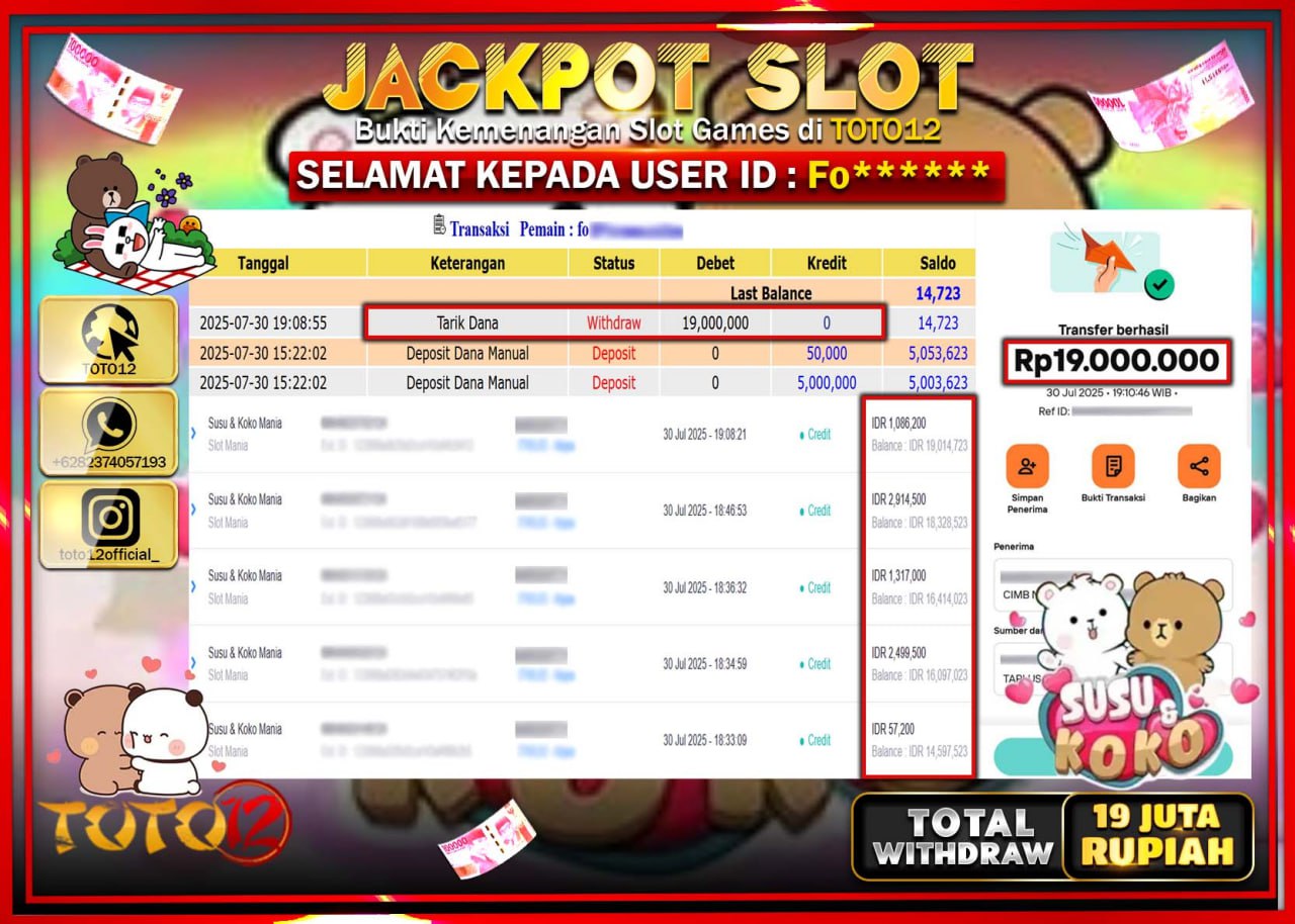 HANYA DI TOTO12 JP PASTI DI BAYAR LUNAS DAN CEPAT!!!!!! JACKPOT SLOT GAME (SUSU KOKO) Rp.19.000.000 !!!!