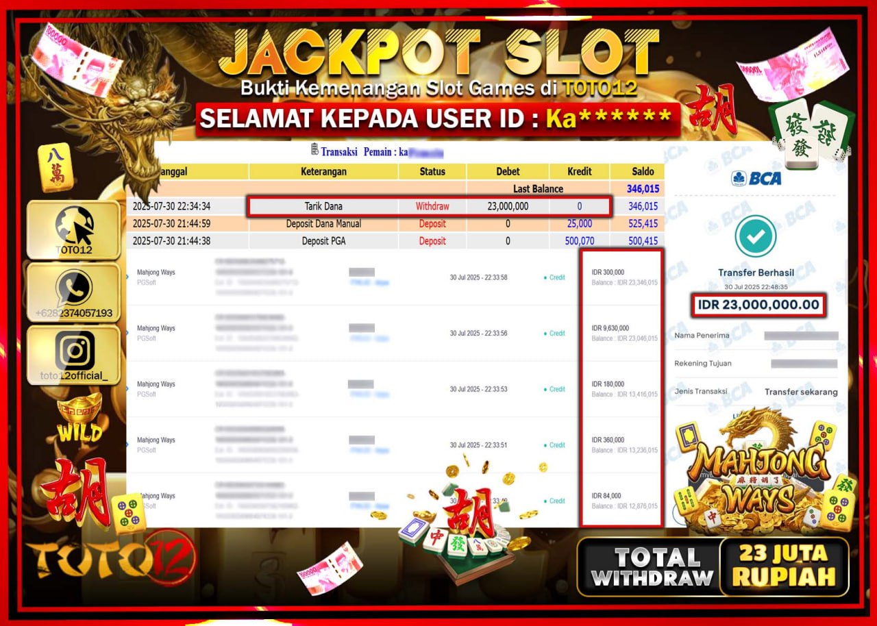 HANYA DI TOTO12 JP PASTI DI BAYAR LUNAS DAN CEPAT!!!!!! JACKPOT SLOT GAME (MAHJONG WAYS) Rp.23.000.000 !!!!