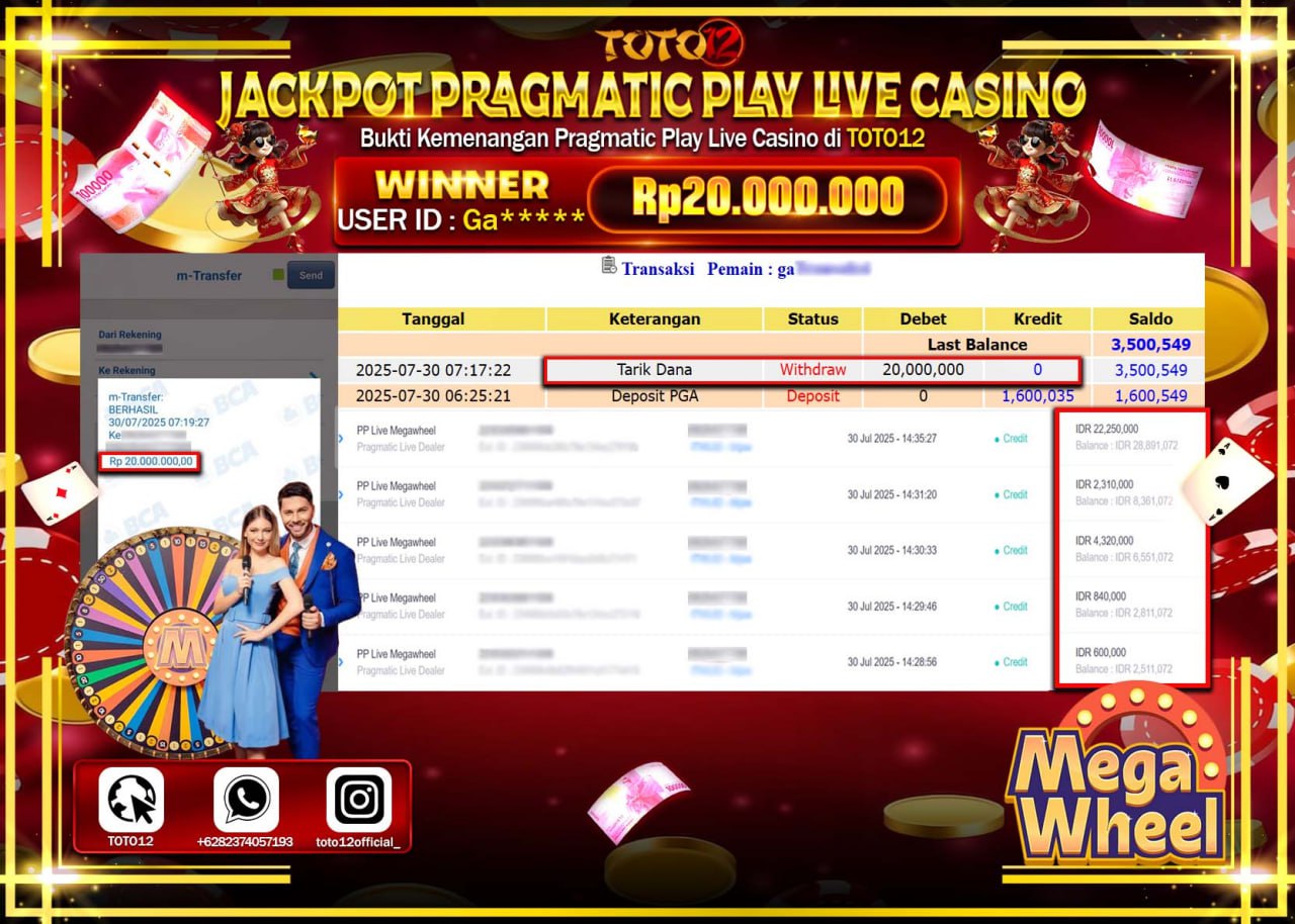 HANYA DI TOTO12 JP PASTI DI BAYAR LUNAS DAN CEPAT!!!!!! JACKPOT PRAGMATIC PLAY LIVE CASINO (MEGA WHEEL) Rp.20.000.000 !!!!