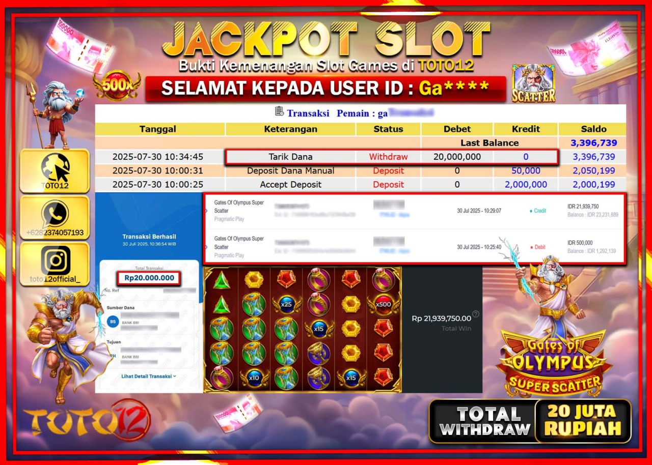 HANYA DI TOTO12 JP PASTI DI BAYAR LUNAS DAN CEPAT!!!!!! JACKPOT SLOT GAME (GATES OF OLYMPUS SUPER SCATTER) Rp.20.000.000 !!!!