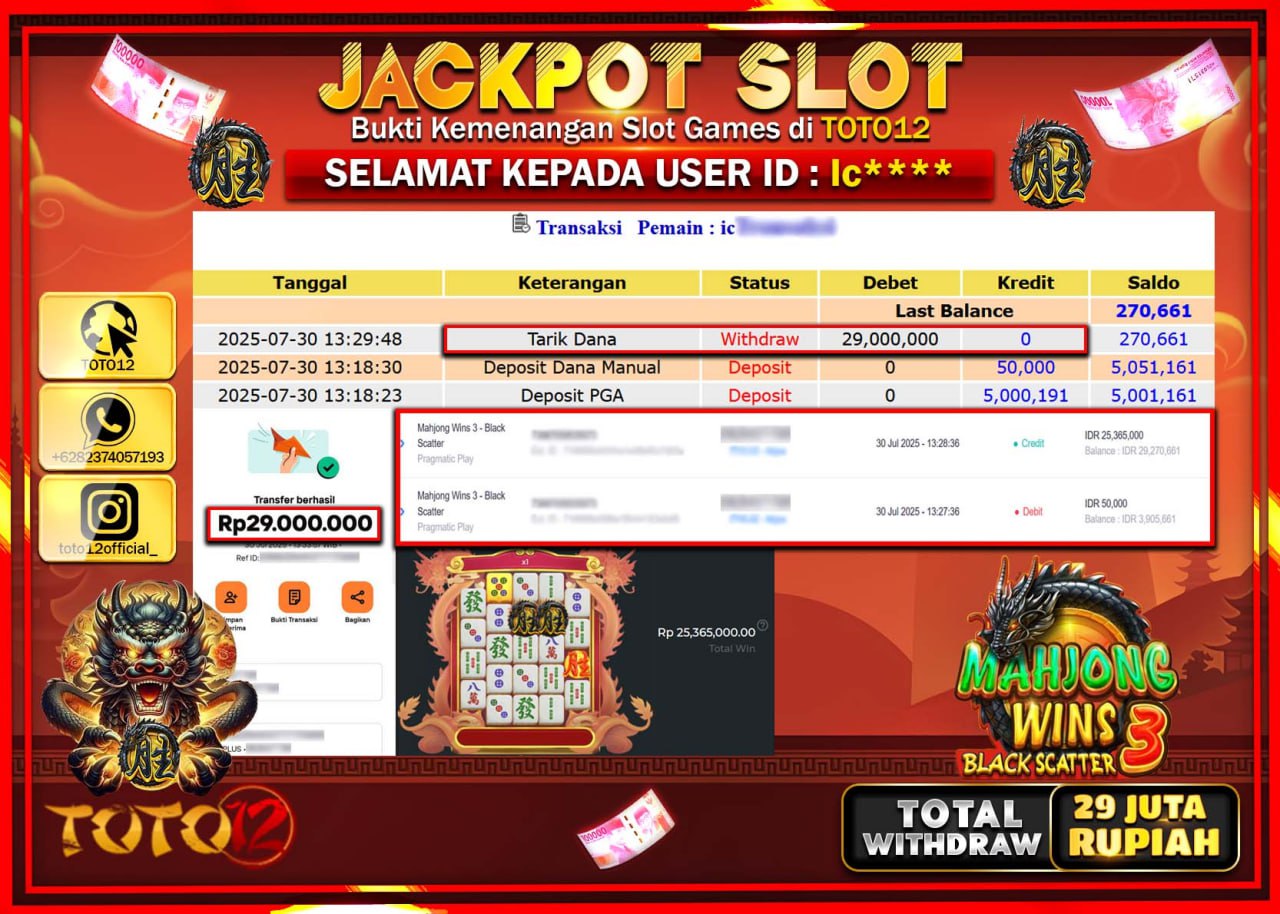 HANYA DI TOTO12 JP PASTI DI BAYAR LUNAS DAN CEPAT!!!!!! JACKPOT SLOT GAME (MAHJONG WINS 3 BLACK SCATTER) Rp.29.000.000 !!!!
