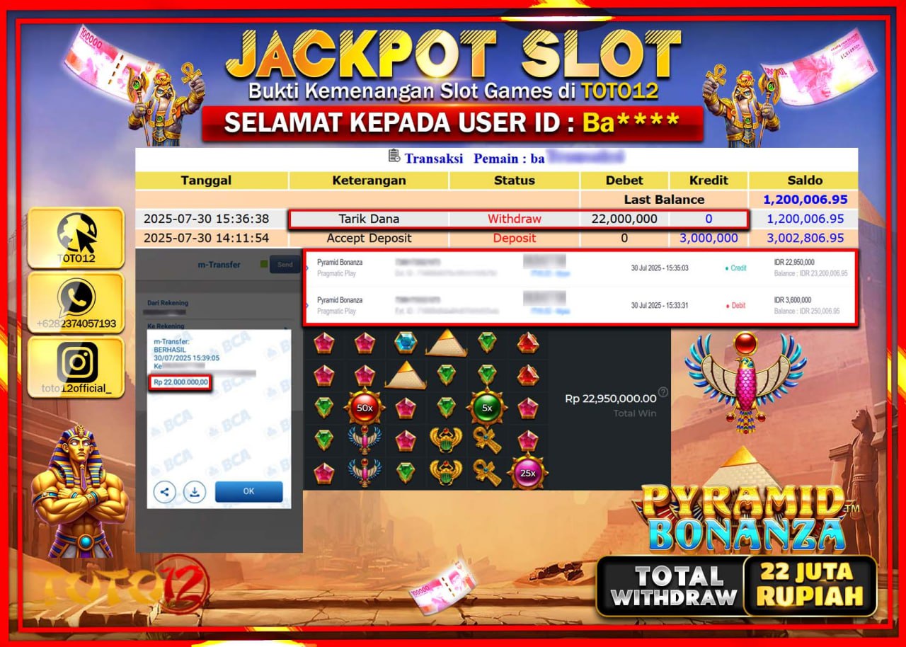 HANYA DI TOTO12 JP PASTI DI BAYAR LUNAS DAN CEPAT!!!!!! JACKPOT SLOT GAME (PYRAMID BONANZA) Rp.22.000.000 !!!!